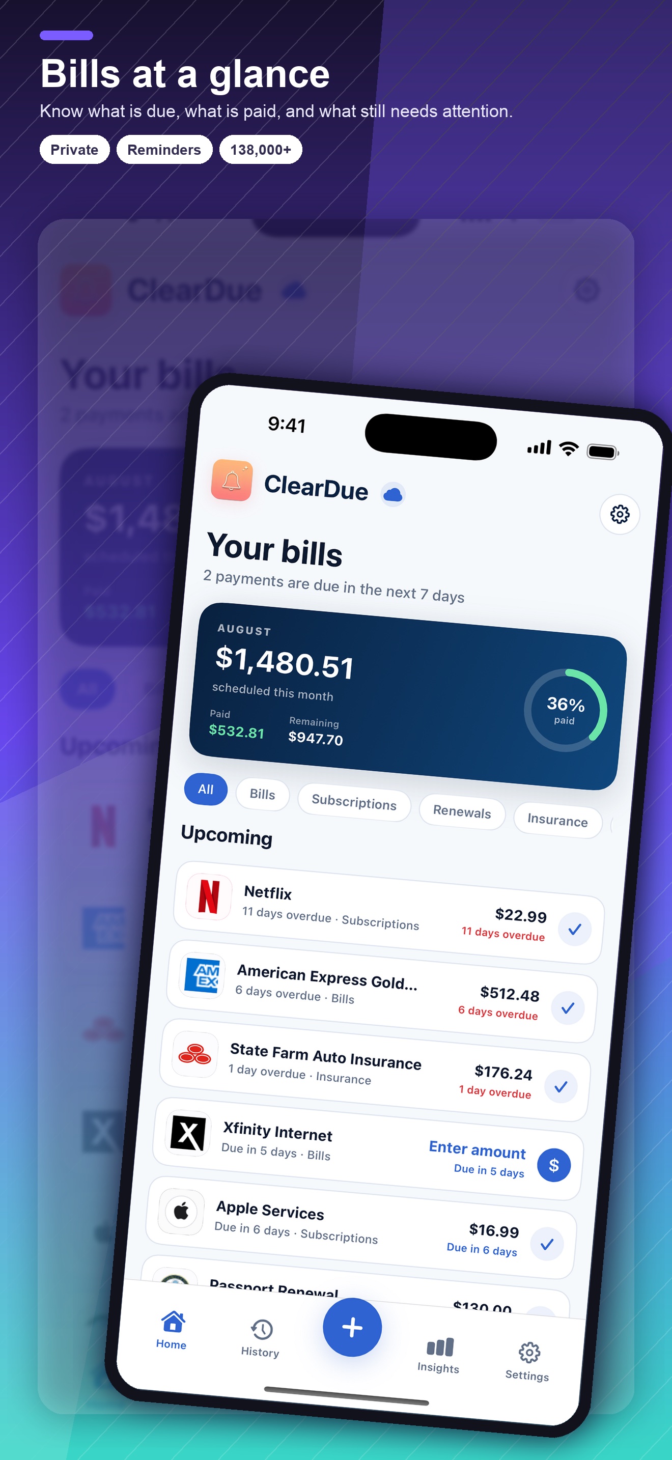 ClearDue dashboard showing scheduled bills, paid totals, and upcoming payments