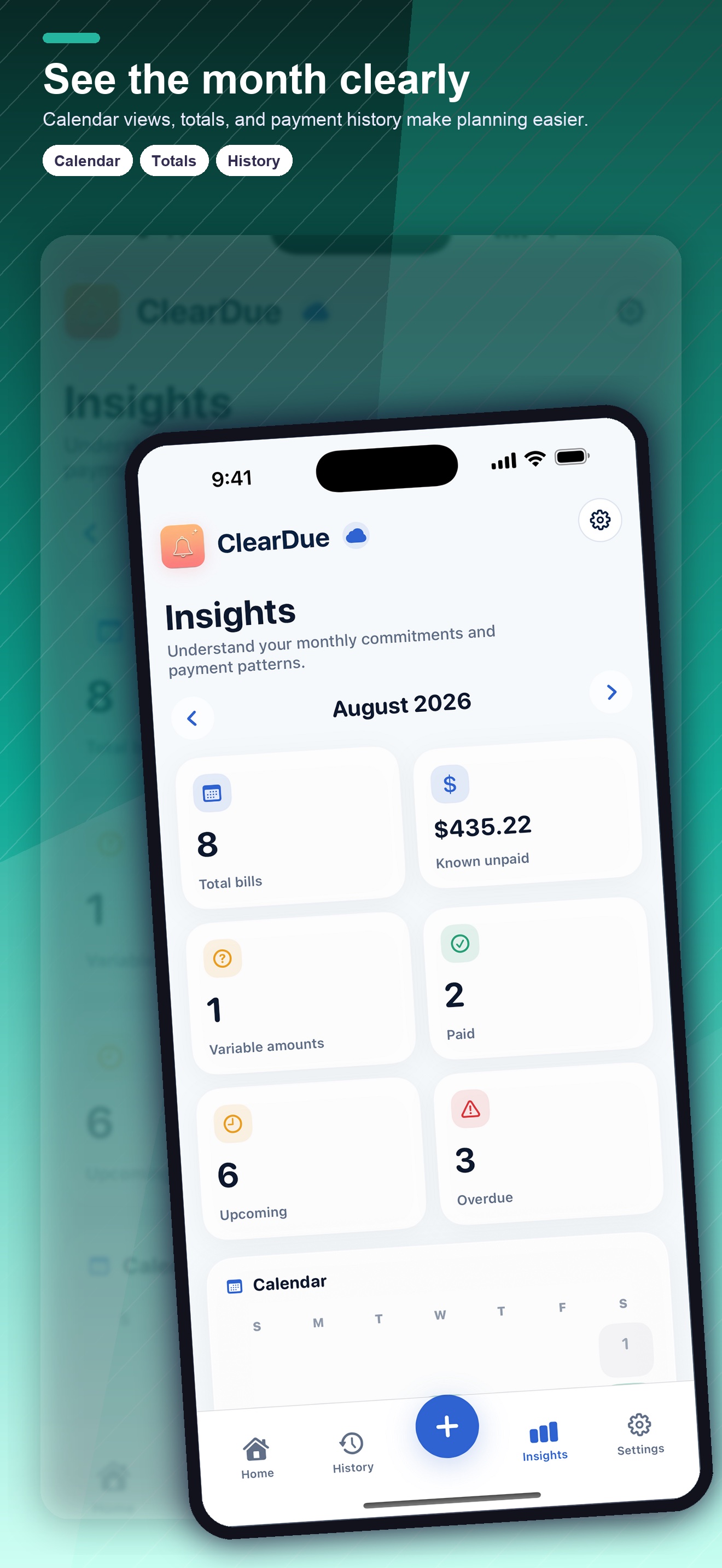 ClearDue Bill Tracker calendar with totals and upcoming due dates
