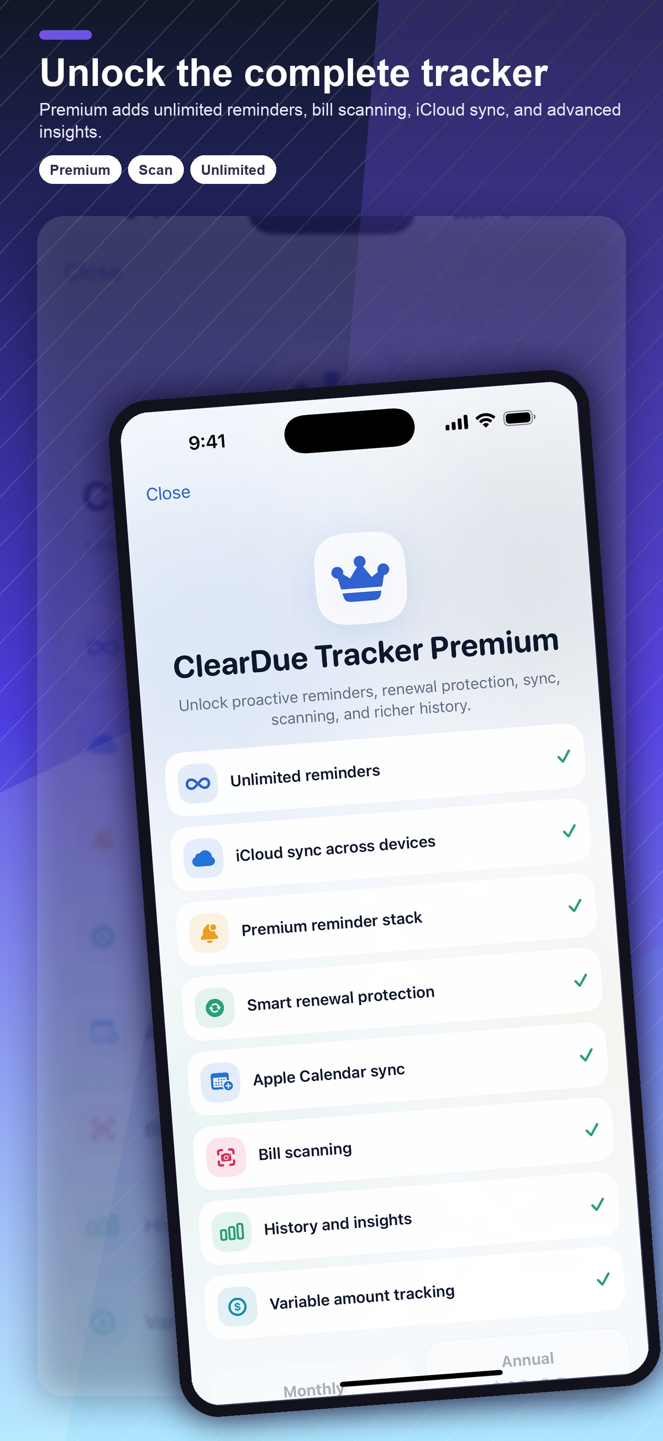 ClearDue Bill Tracker Premium reminders, scanning, and sync